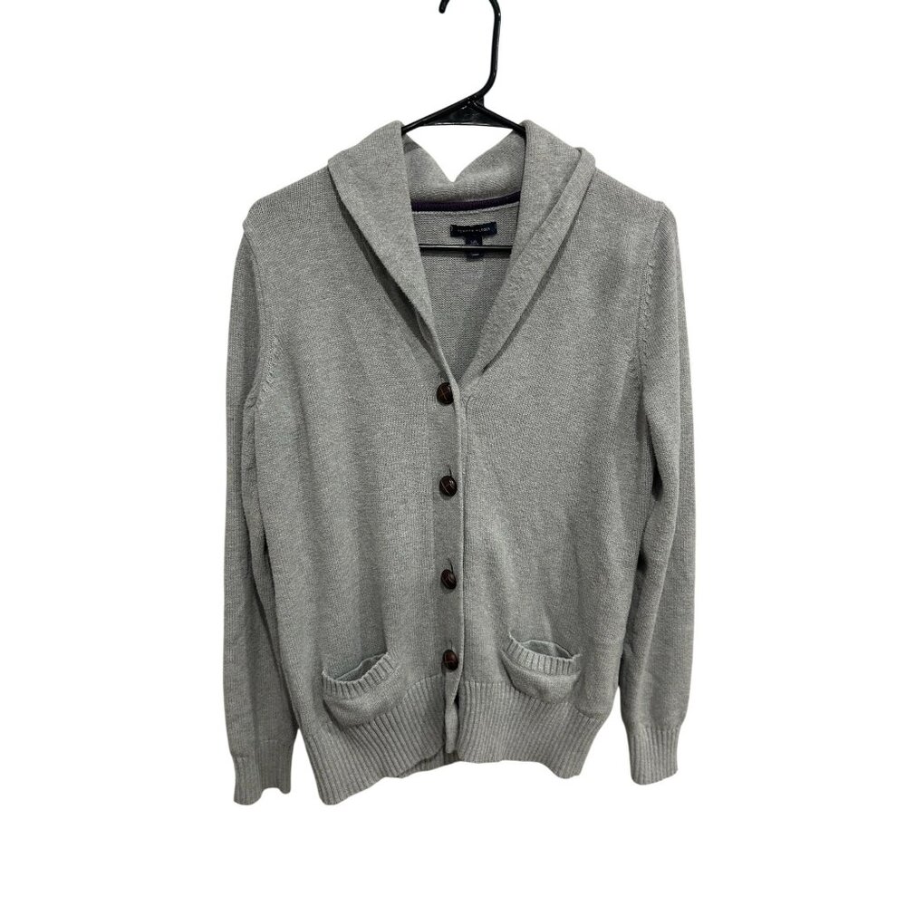 Tommy Hilfiger Knit Cardigan Sweater Gray Sz Large Button Up Shawl Cotton Retro